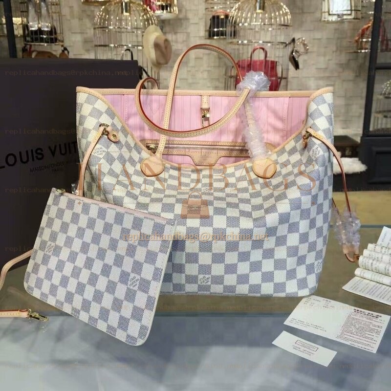 Replica Louis Vuitton White Damier Azur Pink Trim Neverfull MM