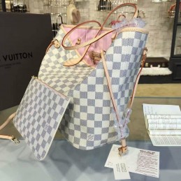 Replica Louis Vuitton White Damier Azur Pink Trim Neverfull MM