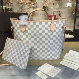 Replica Louis Vuitton White Damier Azur Pink Trim Neverfull MM
