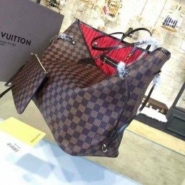 Replica Louis Vuitton Brown Damier Ebene Red Interior Neverfull GM