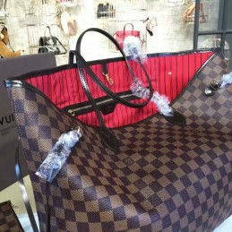 Replica Louis Vuitton Brown Damier Ebene Red Interior Neverfull GM