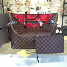 Replica Louis Vuitton Brown Damier Ebene Red Interior Neverfull GM