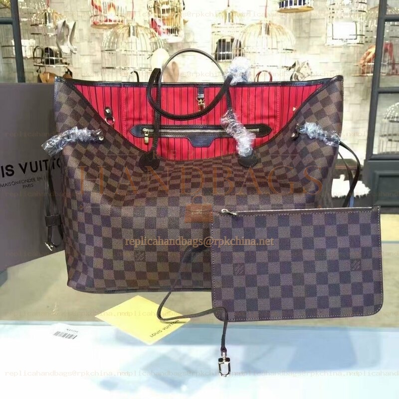 Replica Louis Vuitton Brown Damier Ebene Red Interior Neverfull GM
