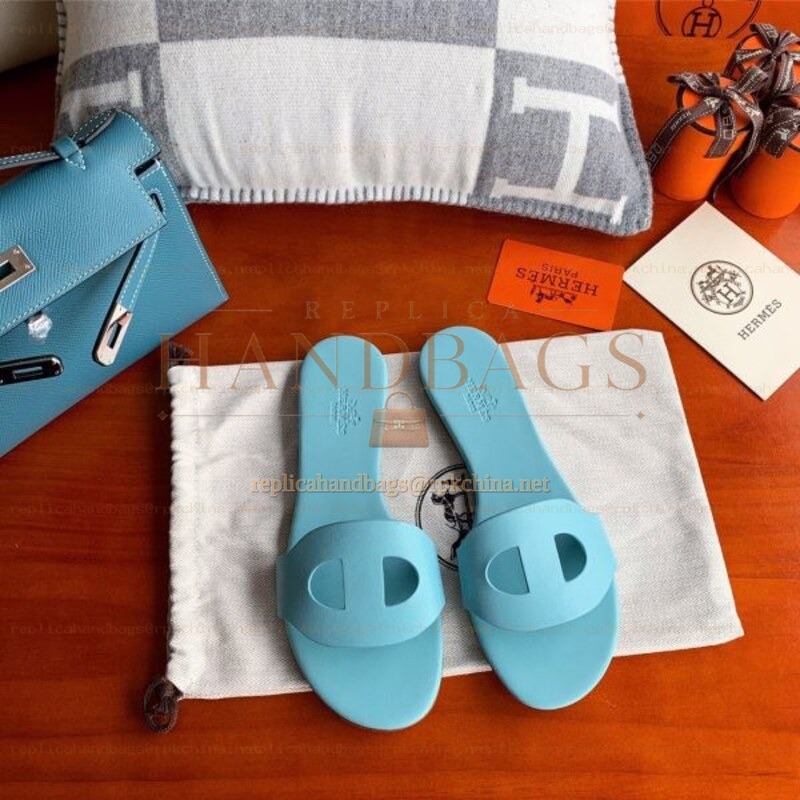 Replica Hermes Turquoise H Cutout Flat Slide Sandal