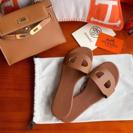 Replica Hermes Tan H Cutout Flat Slide Sandal
