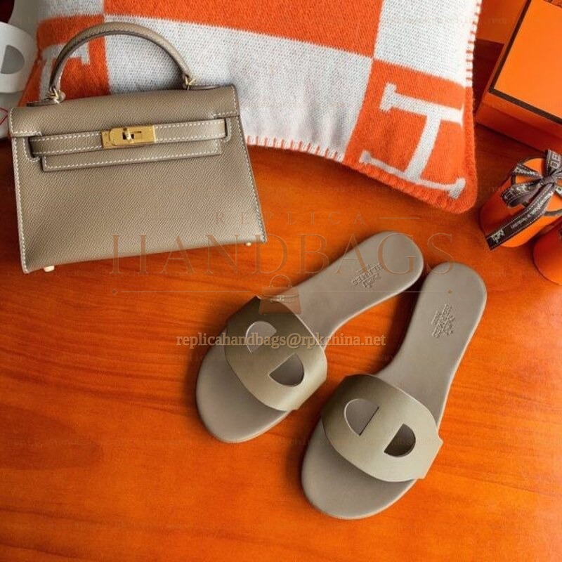 Replica Hermes Gray H Cutout Flat Slide Sandal