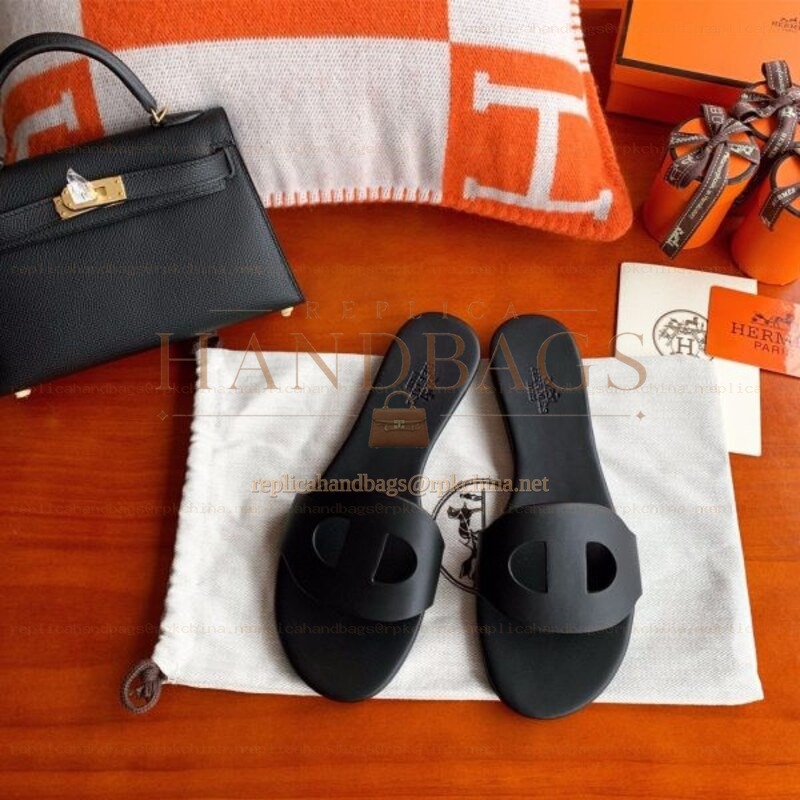 Replica Hermes Black H Cutout Flat Slide Sandal