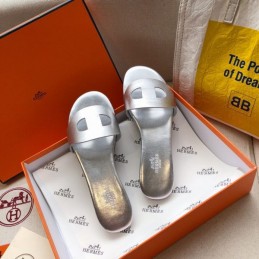Replica Hermes Silver H Cutout Flat Slide Sandal