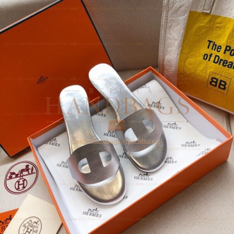 Replica Hermes Silver H Cutout Flat Slide Sandal