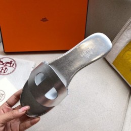 Replica Hermes Silver H Cutout Flat Slide Sandal