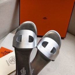 Replica Hermes Silver H Cutout Flat Slide Sandal