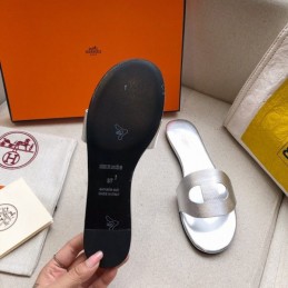Replica Hermes Silver H Cutout Flat Slide Sandal