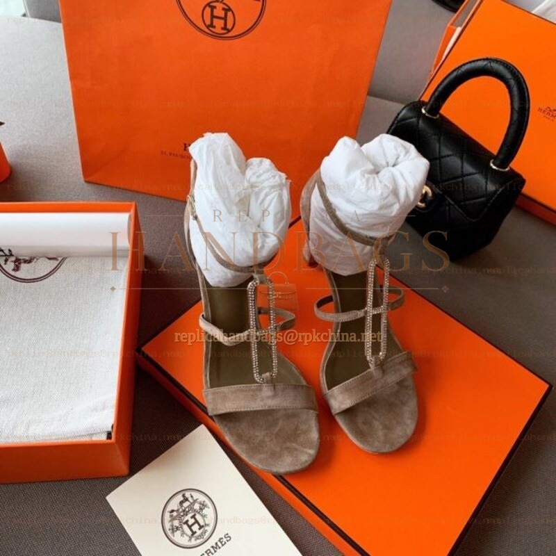Replica Hermes Taupe Lace Up Heel Sandal