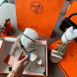 Replica Hermes Taupe Lace Up Heel Sandal