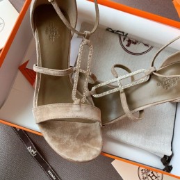 Replica Hermes Taupe Lace Up Heel Sandal
