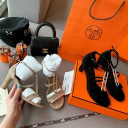 Replica Hermes Taupe Lace Up Heel Sandal