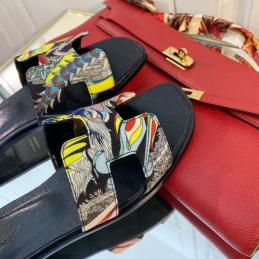 Replica Hermes Black Floral H Slide Sandal