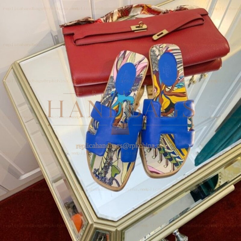 Replica Hermes Blue Floral H Slide Sandal