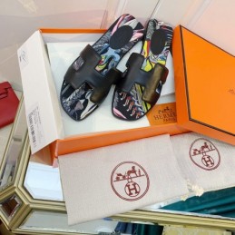 Replica Hermes Dark Black Floral H Slide Sandal