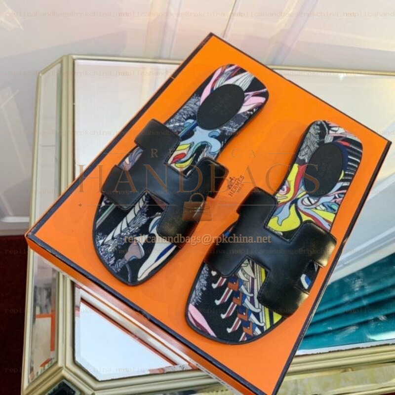 Replica Hermes Dark Black Floral H Slide Sandal