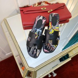 Replica Hermes Dark Black Floral H Slide Sandal