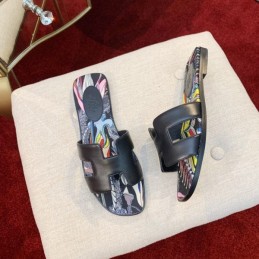 Replica Hermes Dark Black Floral H Slide Sandal