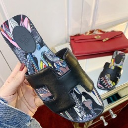 Replica Hermes Dark Black Floral H Slide Sandal