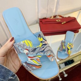 Replica Hermes Light Blue Floral H Slide Sandal