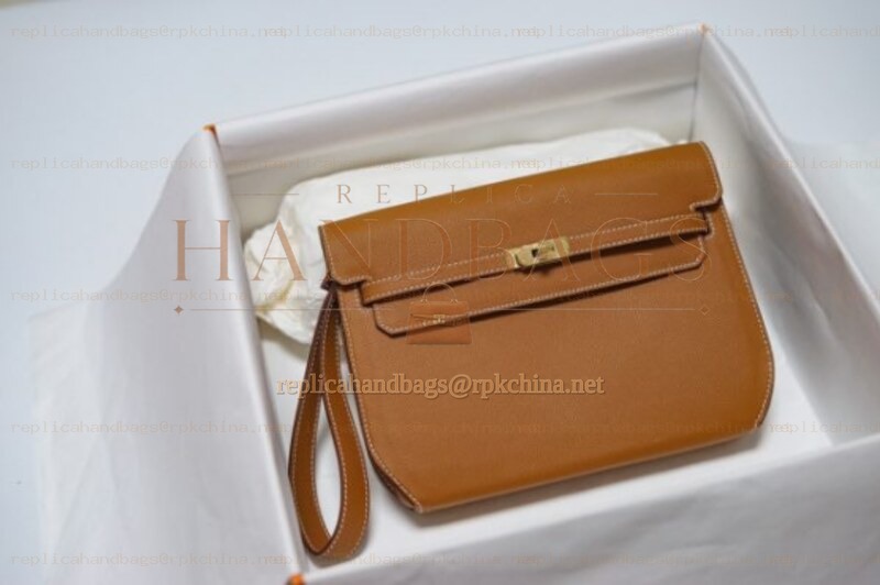 Replica Hermes Tan Kelly Depeches 25 Pouch Gold Hardware