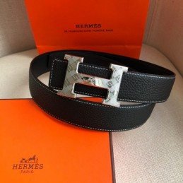 Hermes replica Black White Stitch Silver H Buckle Leather Belt