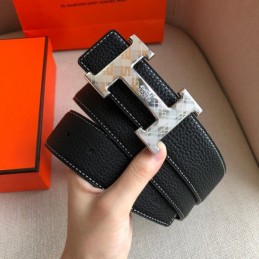 Hermes replica Black White Stitch Silver H Buckle Leather Belt