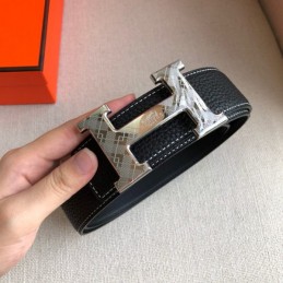 Hermes replica Black White Stitch Silver H Buckle Leather Belt