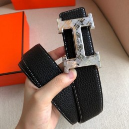 Hermes replica Black White Stitch Silver H Buckle Leather Belt