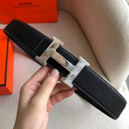 Hermes replica Black White Stitch Silver H Buckle Leather Belt