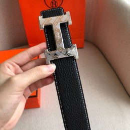 Hermes replica Black White Stitch Silver H Buckle Leather Belt