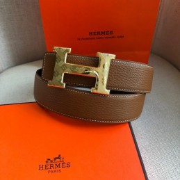Hermes replica Brown Leather H Buckle Belt with White Stitching