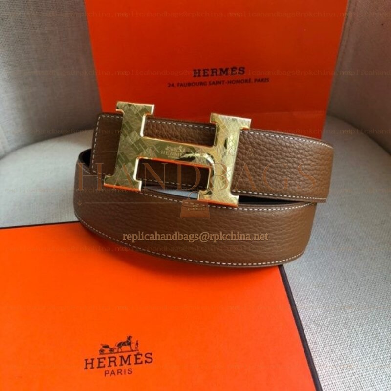 Hermes replica Brown Leather H Buckle Belt with White Stitching
