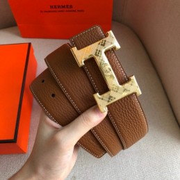 Hermes replica Brown Leather H Buckle Belt with White Stitching