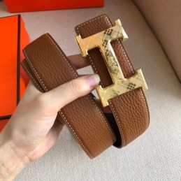 Hermes replica Brown Leather H Buckle Belt with White Stitching