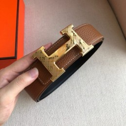 Hermes replica Brown Leather H Buckle Belt with White Stitching