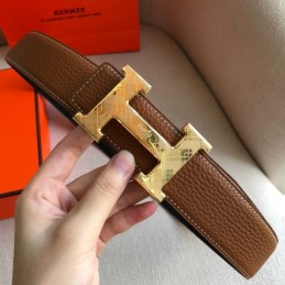 Hermes replica Brown Leather H Buckle Belt with White Stitching