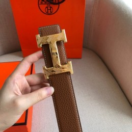 Hermes replica Brown Leather H Buckle Belt with White Stitching
