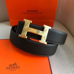 Hermes replica Black White Stitch Gold H Buckle Leather Belt