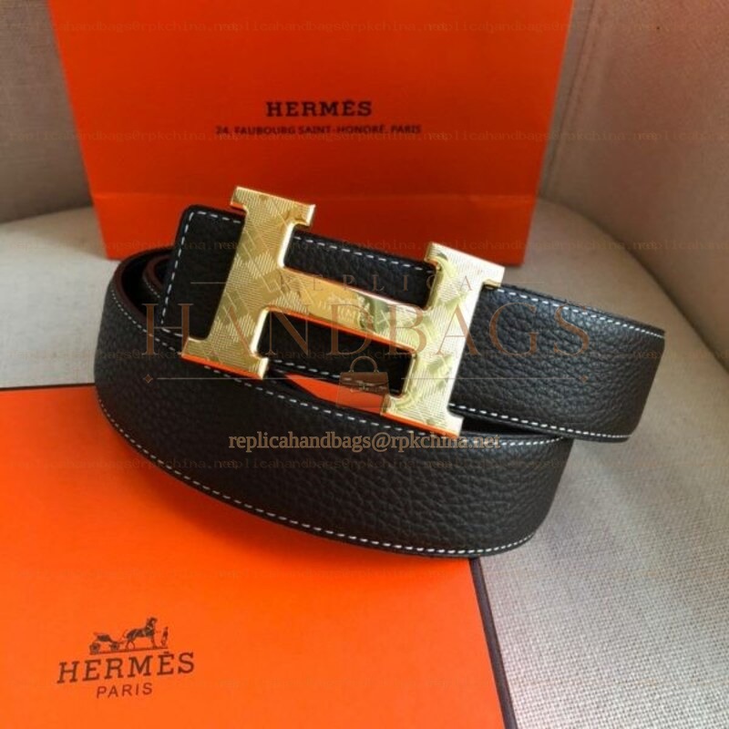 Hermes replica Black White Stitch Gold H Buckle Leather Belt