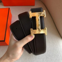 Hermes replica Black White Stitch Gold H Buckle Leather Belt