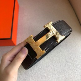 Hermes replica Black White Stitch Gold H Buckle Leather Belt