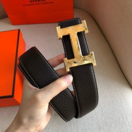 Hermes replica Black White Stitch Gold H Buckle Leather Belt