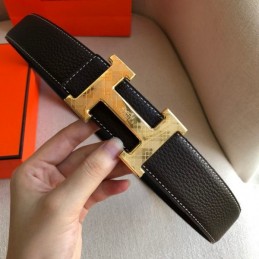 Hermes replica Black White Stitch Gold H Buckle Leather Belt