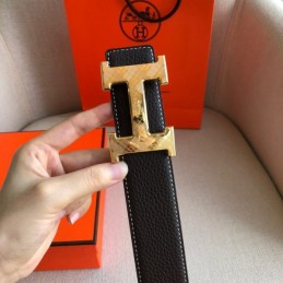 Hermes replica Black White Stitch Gold H Buckle Leather Belt
