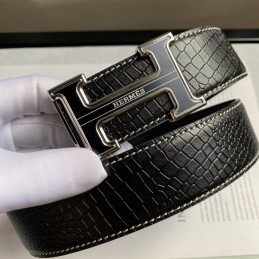Hermes replica Black Crocodile H Buckle Black And Silver Tone Hardware Leather Belt